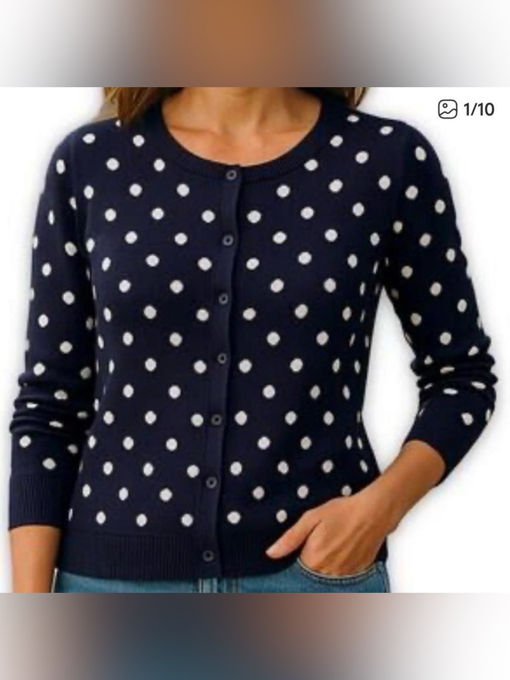 Talbots Navy with White Polka Dots Knit Sweater Button Front Cardigan small